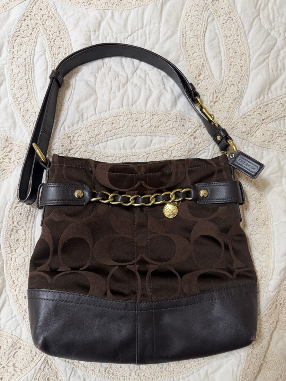 Coach Chocolate Brown Signature Sateen Leather Shoulder/Crossbody GoldTone Chain - Picture 6 of 15